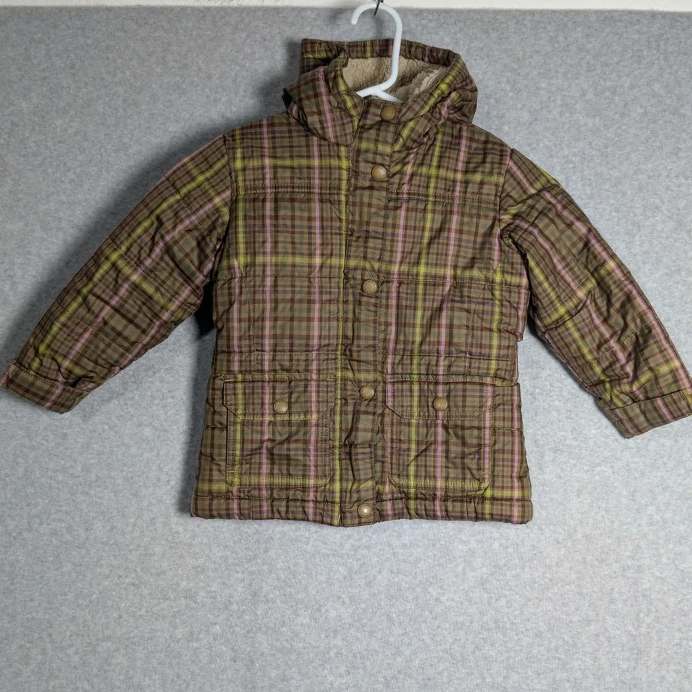 Lands End Kids Plaid Sherpa Lined Quilted Hooded Jacket Olive Green Brown 3T